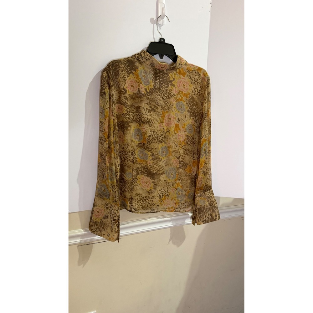 Sioni Silk Blouse XL Tan Leopard Floral Sheer Bell Sleeve Button Down Top